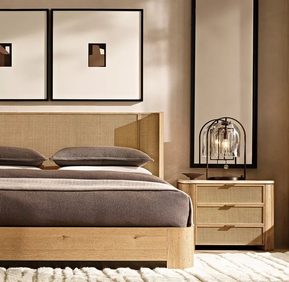 Mizu Shelter Platform Bed – Sculptural Upholstered Oak Frame Statement Piece