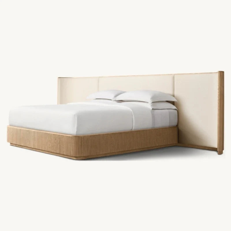 Shelter Bed with Extended Fabric – Midcentury Linen Upholstered Frame | 5550