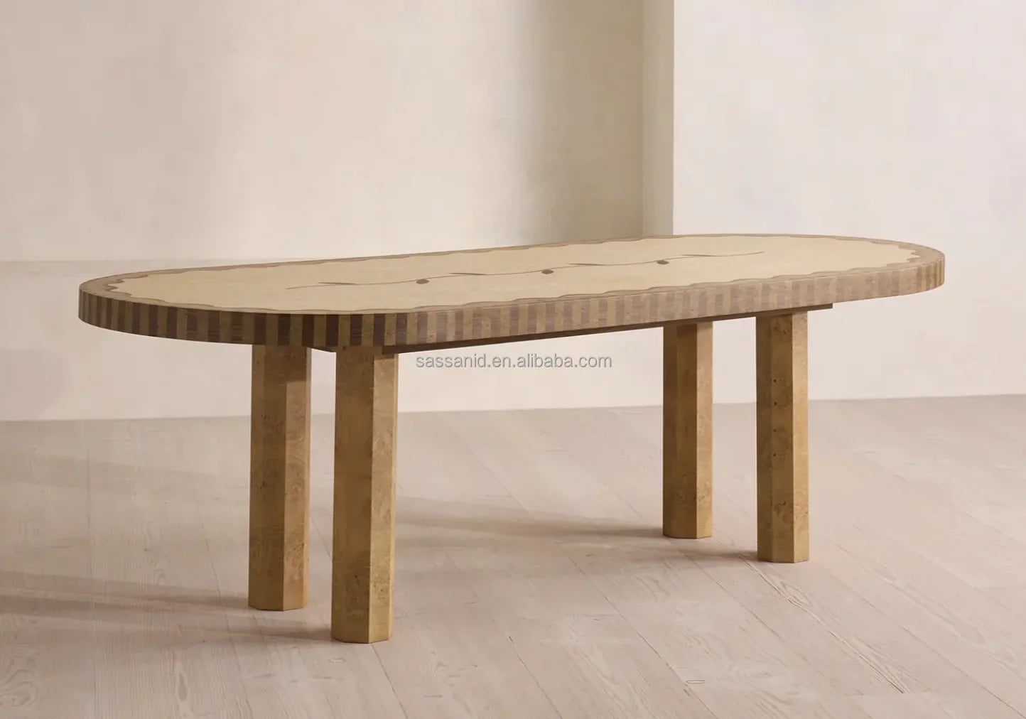 Marella Dining Table 94.5in – Contemporary Madrone Burl Veneer Statement Piece