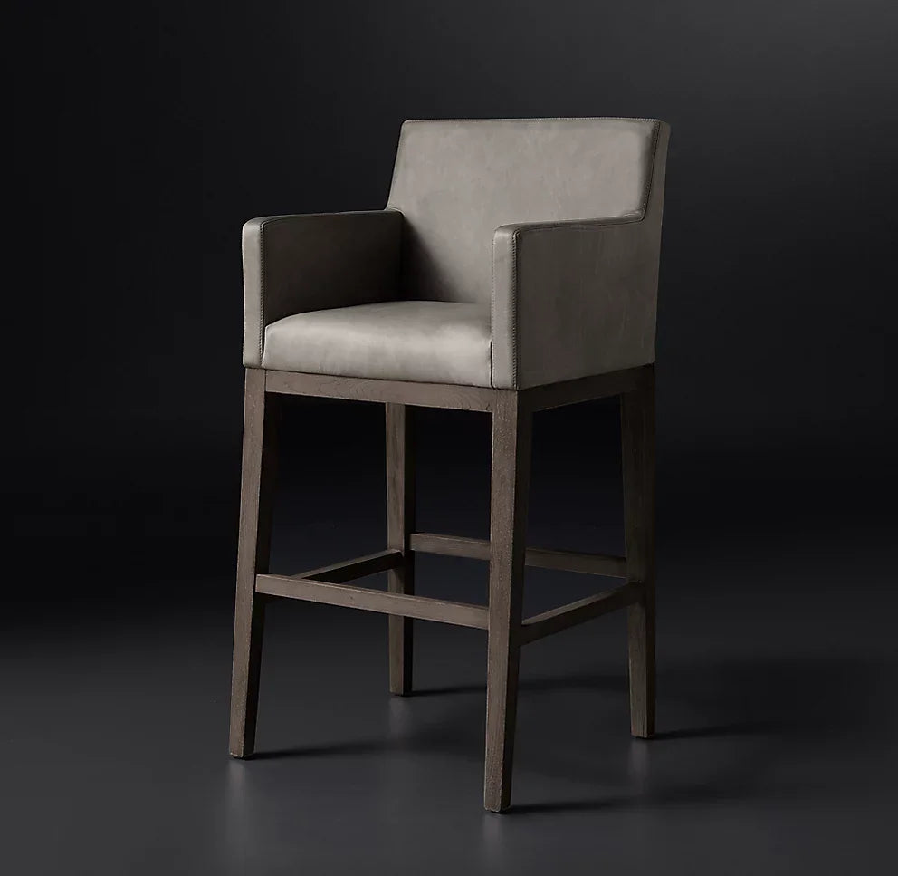 Leather Bar Stool with Track Arms – Mid-Century European Oak Statement Piece