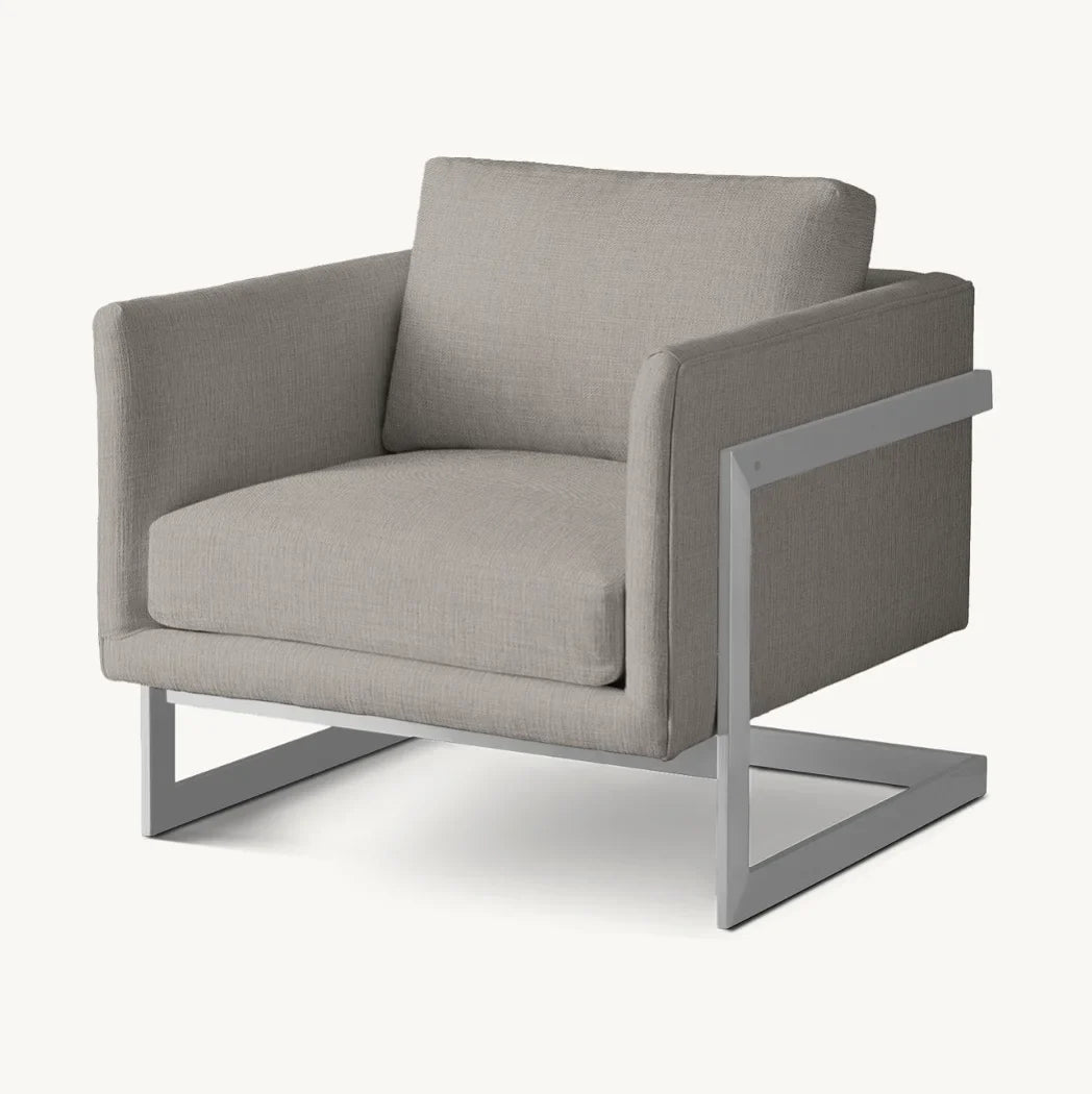 Modernist Lounge Chair – Grid-Tufted Cushion – Polished Steel – Milo