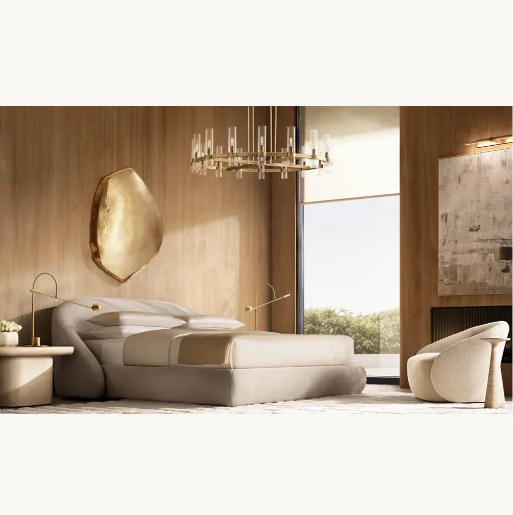 Upholstered Shelter Bed with Waterfall Arms – Contemporary European Fabric Platform Bed