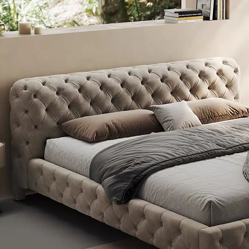 Upholstered Minimalist Bed – Velvet Rice White Italian Statement Piece