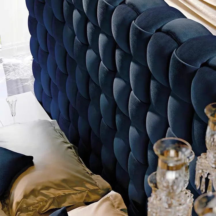 Upholstered Bed – Woven Soft Bag Headboard in Blue Velvet Italian