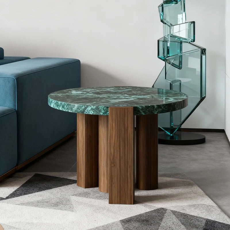 Modern Round Marble Coffee Table Solid Wood Base Minimalist Italian Style