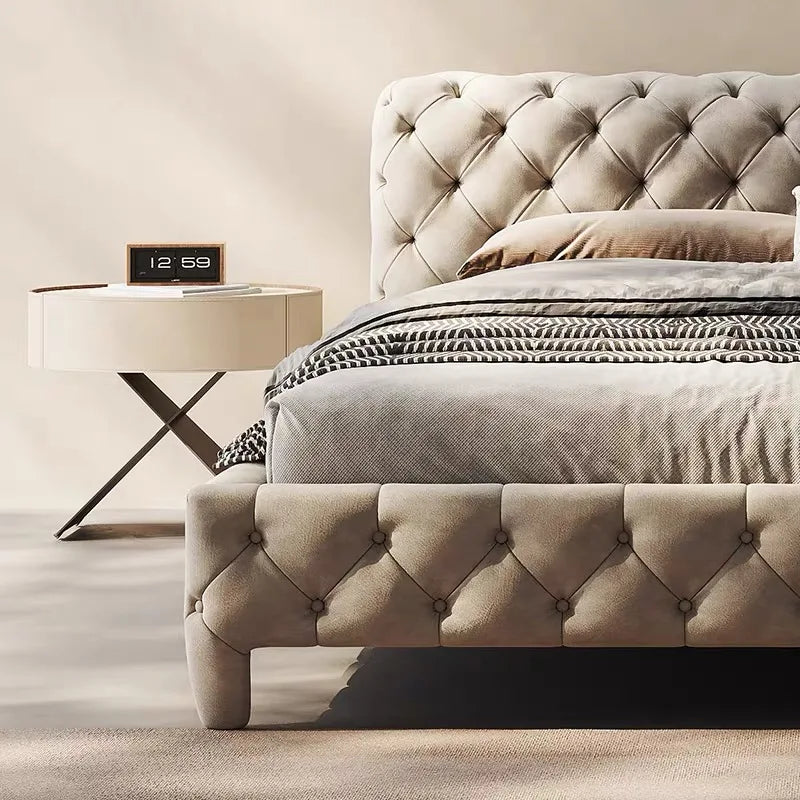 Upholstered Minimalist Bed – Velvet Rice White Italian Statement Piece