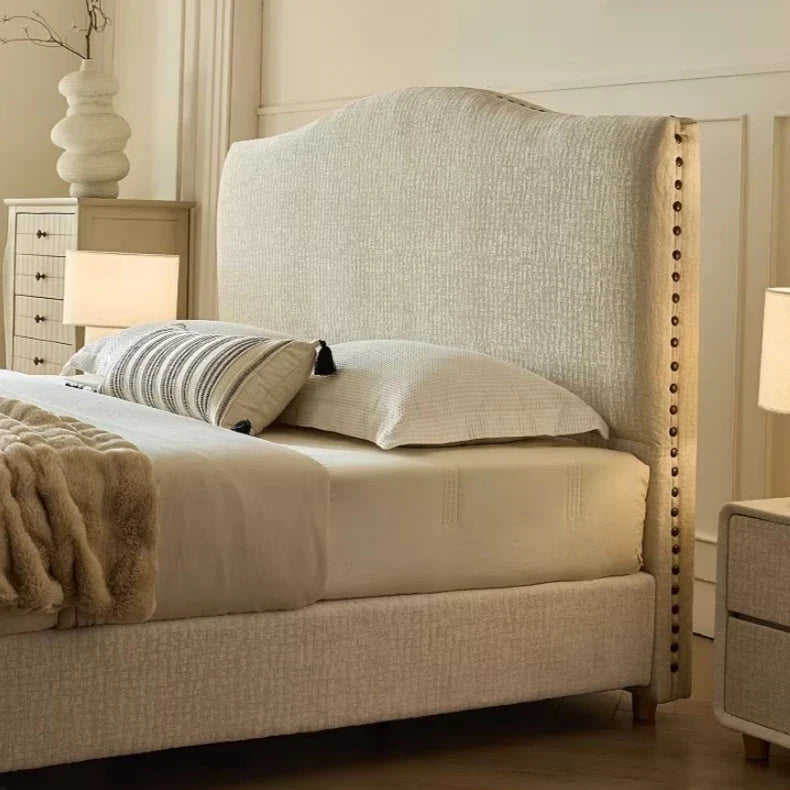 French Provincial Upholstered Bed – Cream Chenille with Willow Border