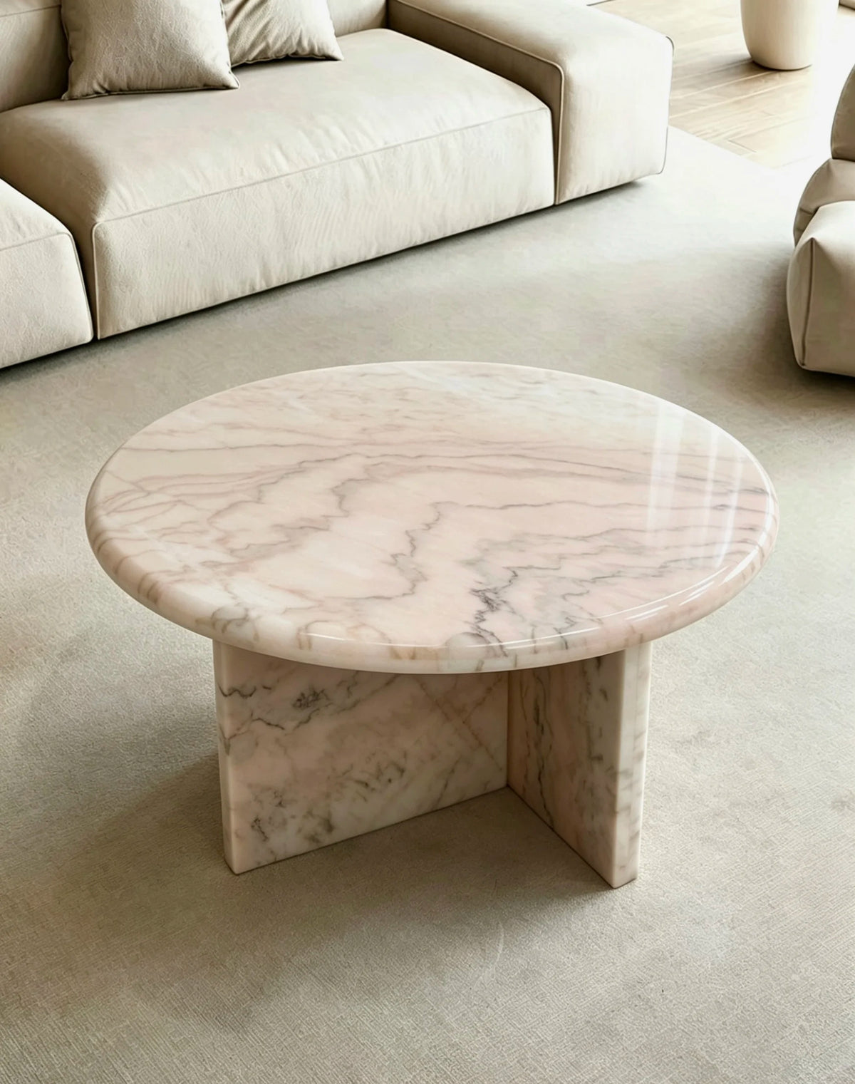 Luxury Round Smoke Pink Marble Coffee Table Modern Italian Style for Villa