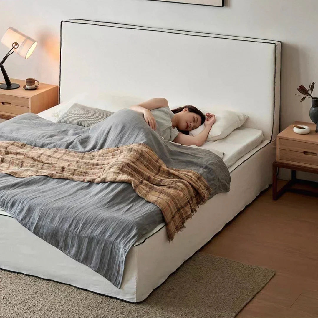 Wabi-Sabi Upholstered Bed – Minimalist Platform Frame Linen Fabric Designer Piece