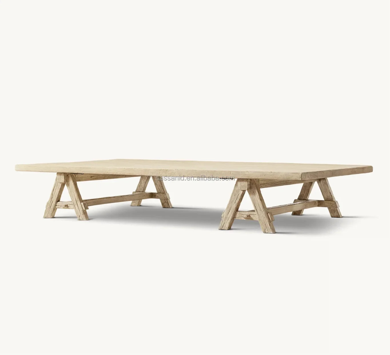 Reclaimed Elm Sawhorse Coffee Table – Sculptural Aged Oak Statement Piece