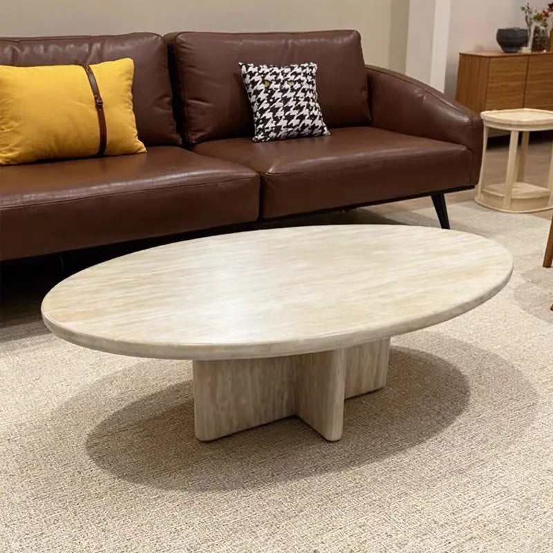 Luxury Oval Natural Travertine Coffee Table Modern Italian Style for Villa