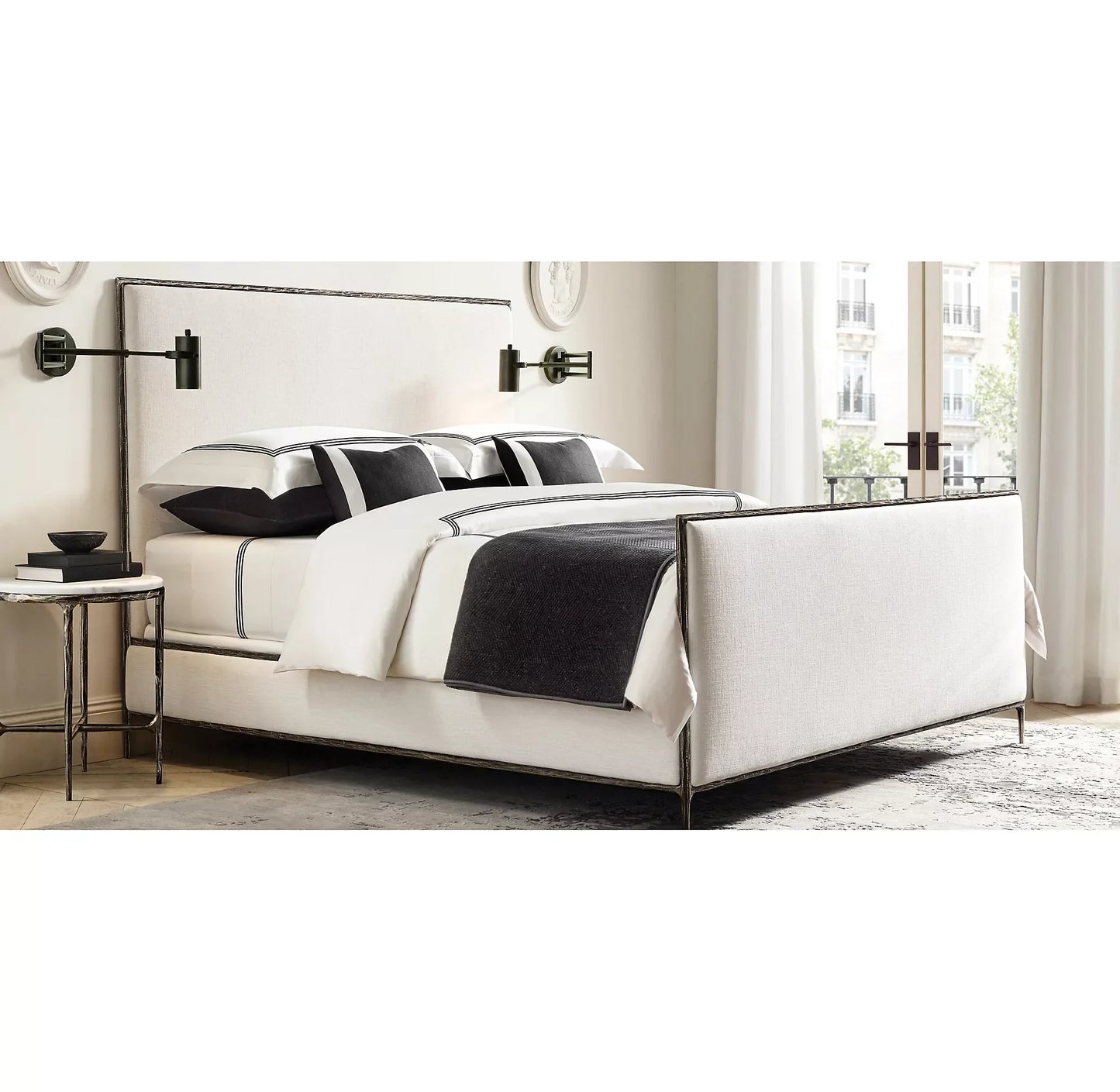 Upholstered Bed with Hand-Forged Metal Base – Rustic Fabric European Statement Piece