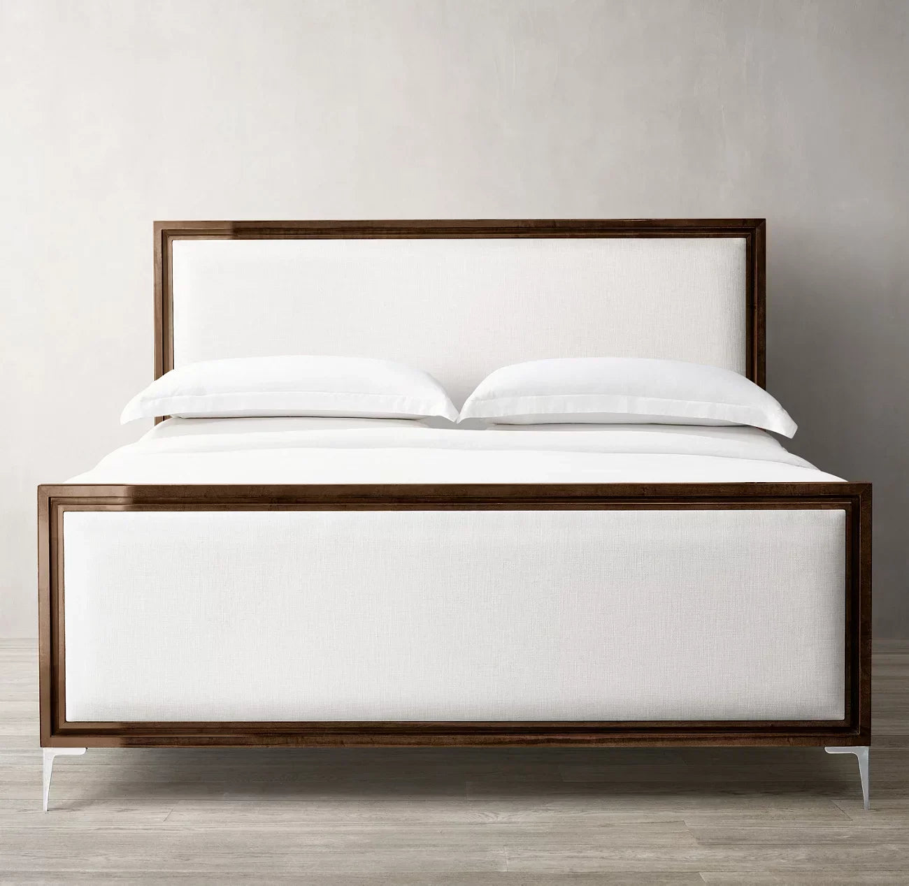 Benoit Fabric Panel Bed – Sculptural Platform in Lacquered Sable & Stainless Steel
