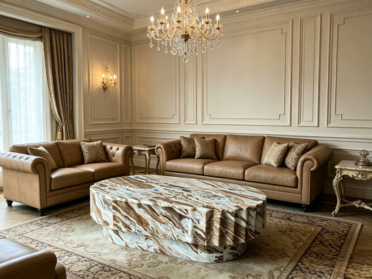 Luxury Fluted Oval Natural Marble Coffee Table Elegant Italian Style for Villa