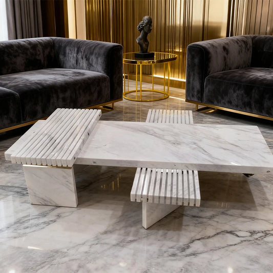 Luxury Grooved Natural Marble Coffee Table Modern Italian Style for Villa