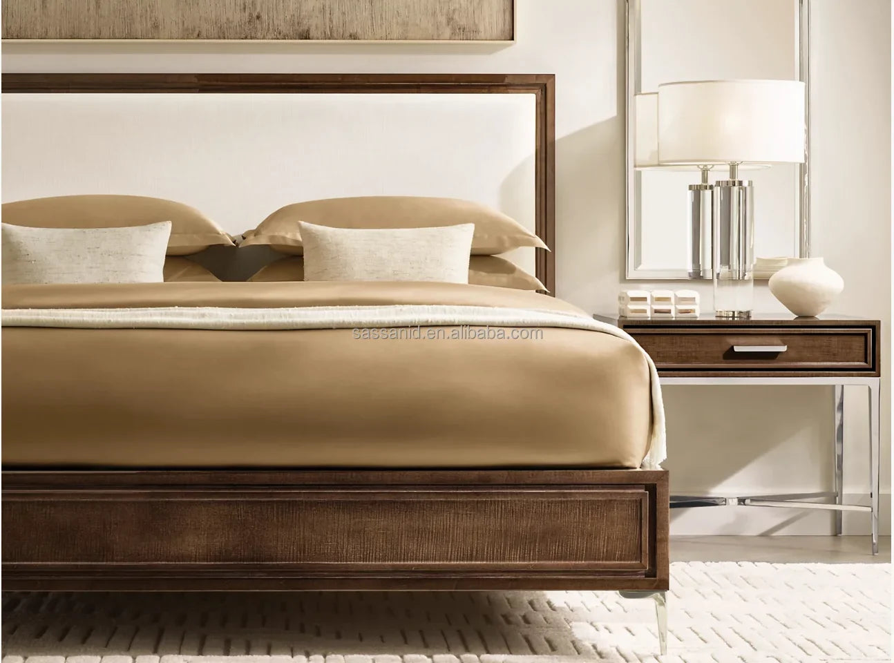 Lacquered Bisque Polished Stainless Steel Benoit Fabric Panel Bed – Italian Designer Statement Piece