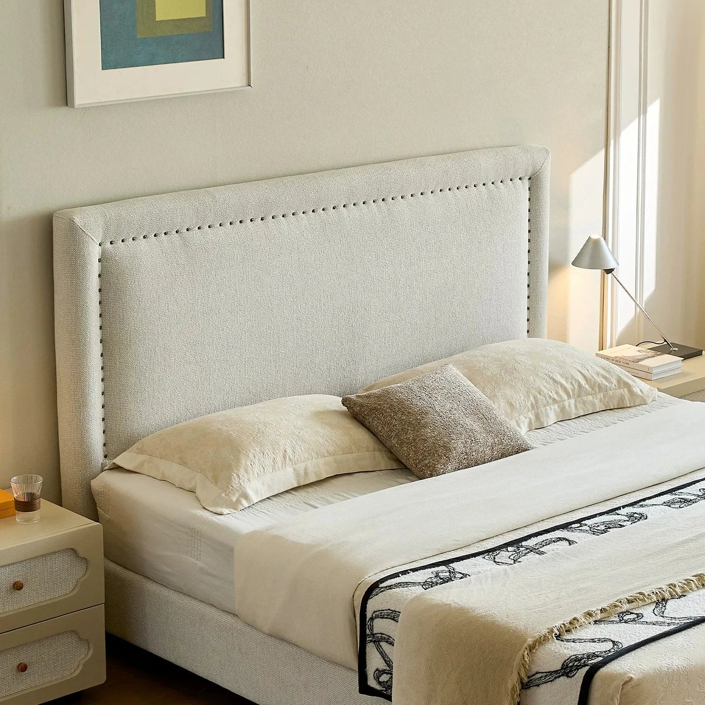 Upholstered Bed – High-Backrest Rice White Chenille Modern Statement Piece