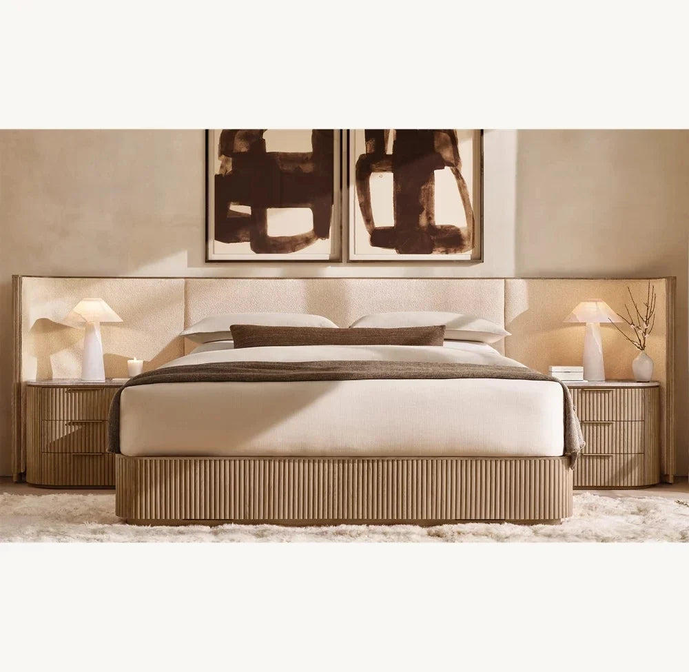 Shelter Bed with Extended Fabric – Midcentury Linen Upholstered Frame | 5550