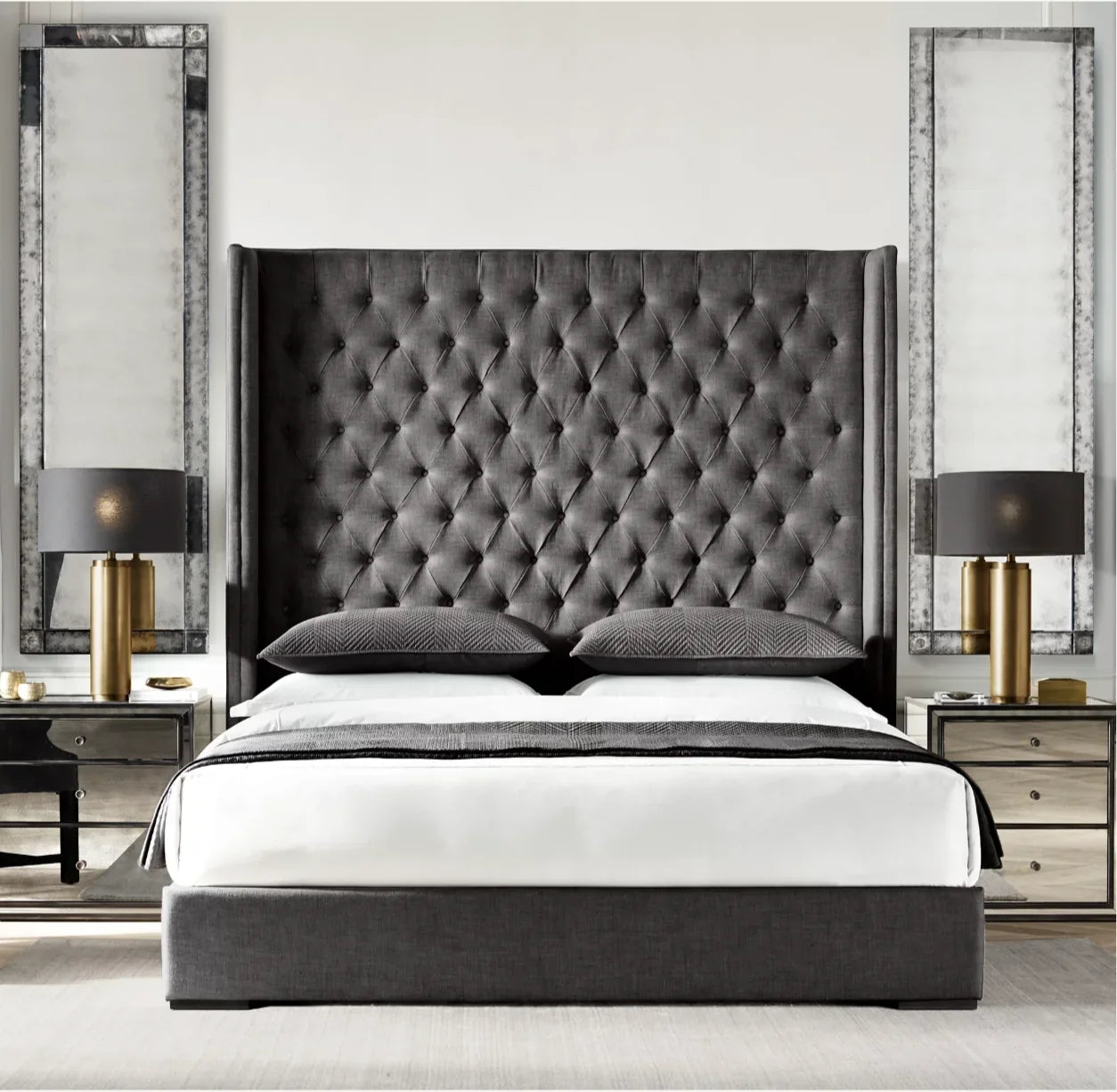 Italian Designer Bed – Midcentury French Style Luxury Bed with Diamond-Tufted Headboard