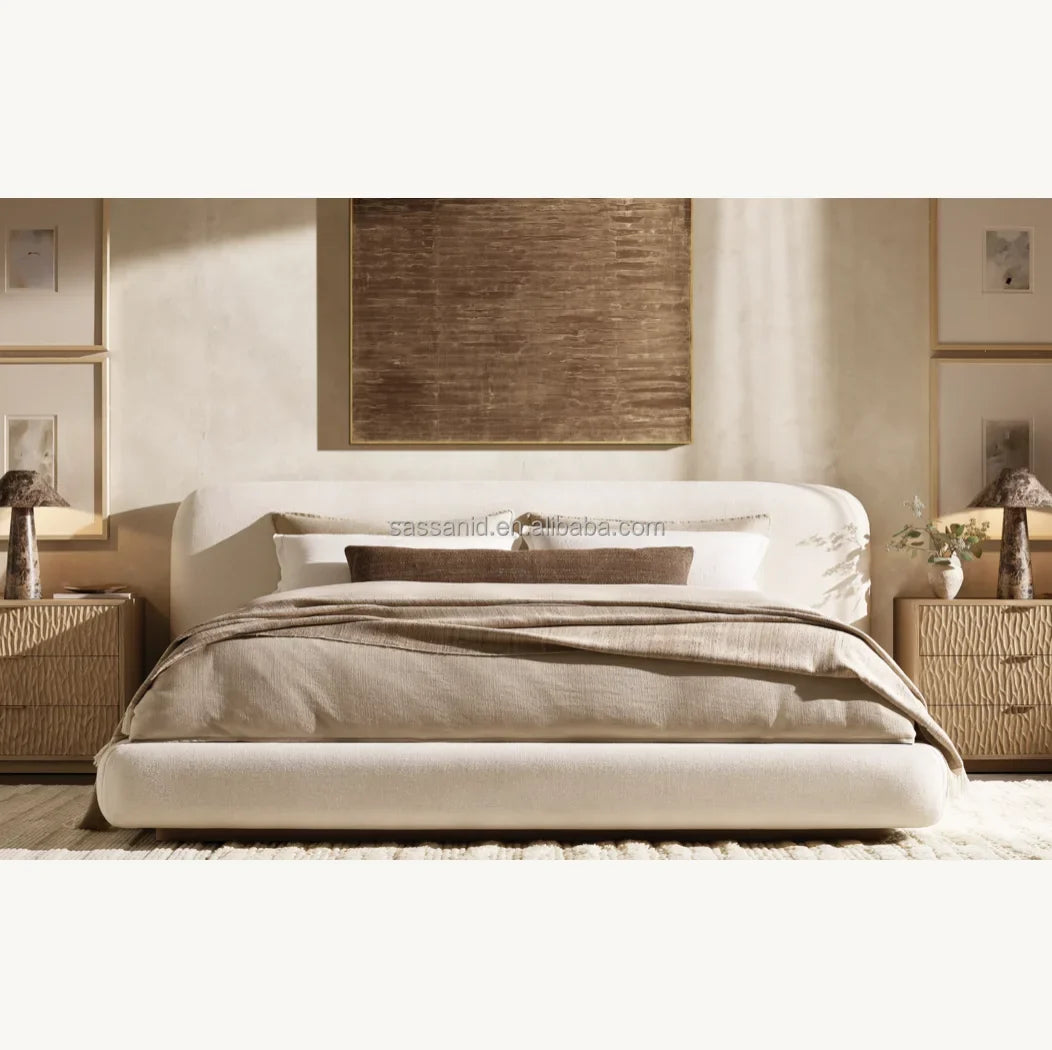 Platform Bed – Extended Panel Design – Performance Bouclé – Lola – Mid-Century American Style