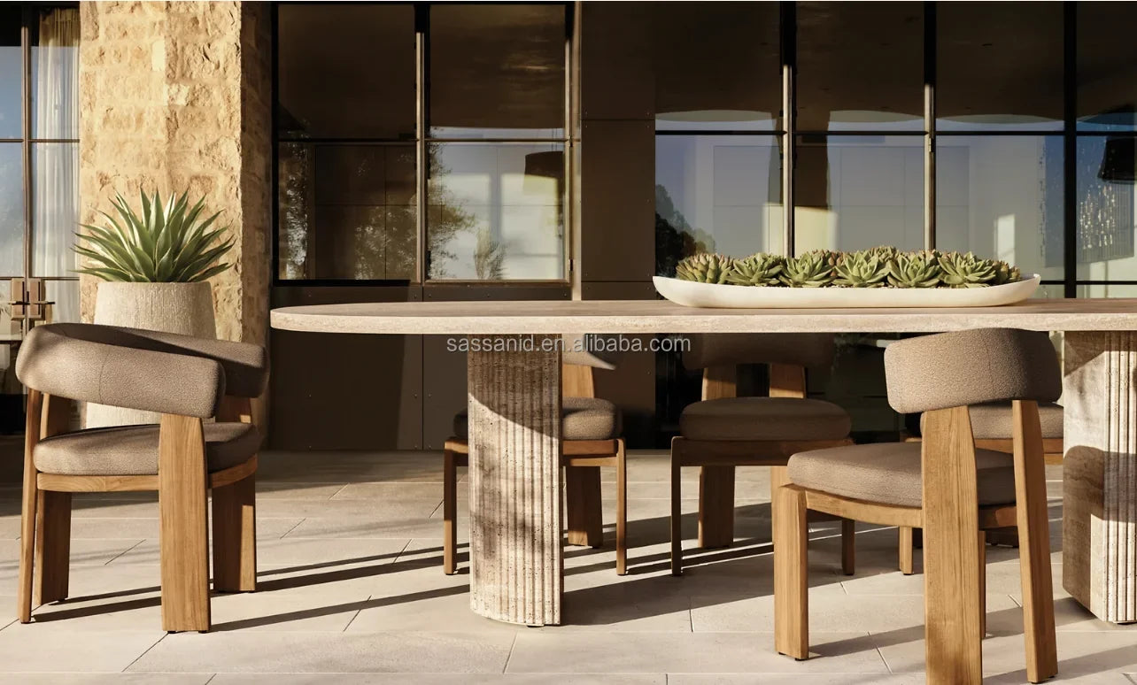 Dining Table – Sassanid Reeded Stone Base in Silver Travertine – Luxury Contemporary Piece