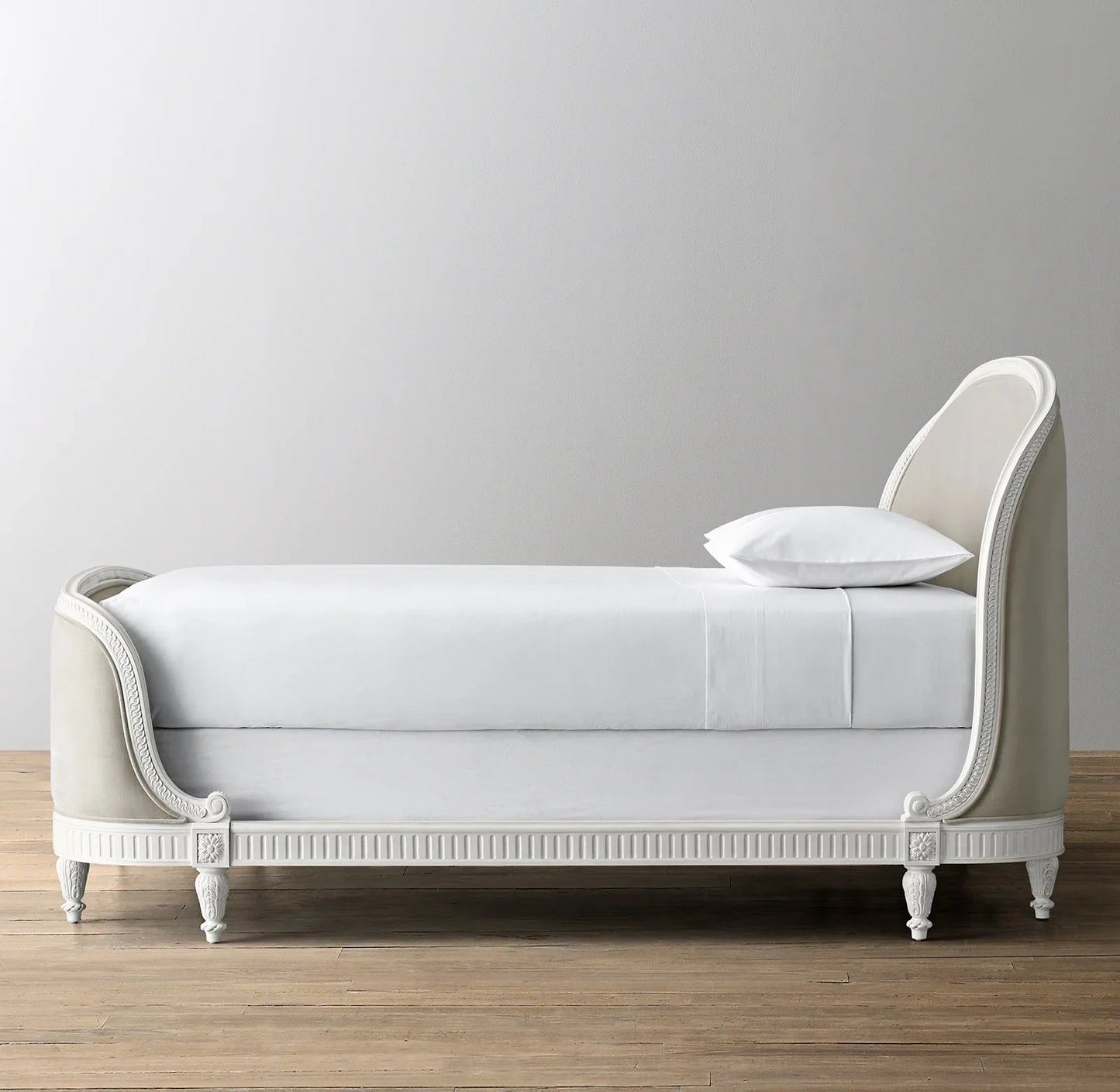 French Provincial Kids Upholstered Bed – Aged White Slipcovered Statement Piece