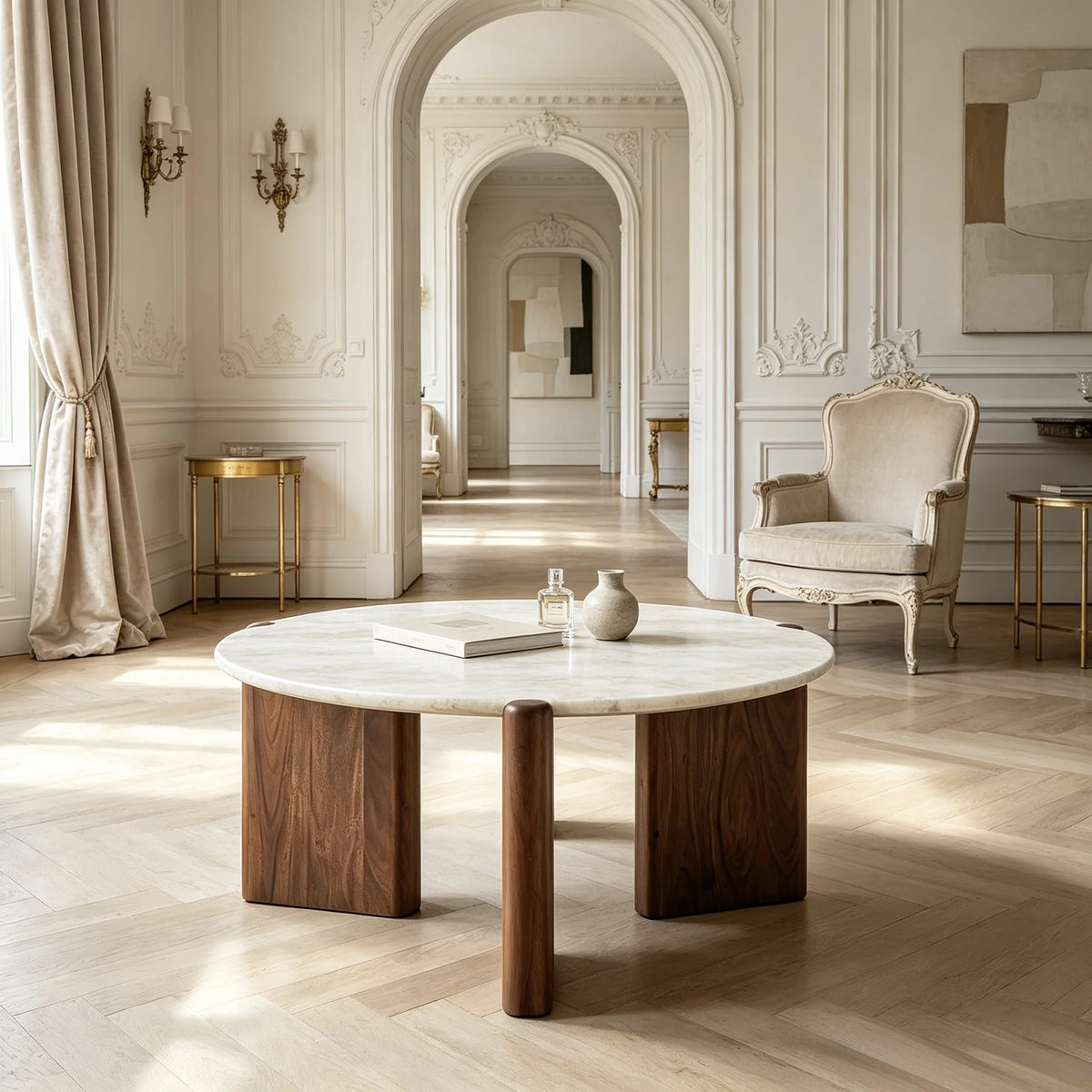 Luxury Round Ice Jade Marble Coffee Table Solid Wood Base Modern Italian Style