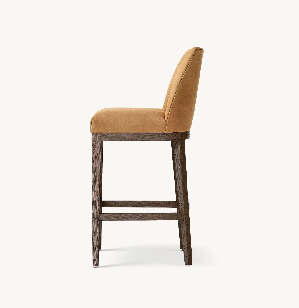 Morgan Curved-Back Leather Bar & Counter Stool – Mid-Century European Oak Statement Piece