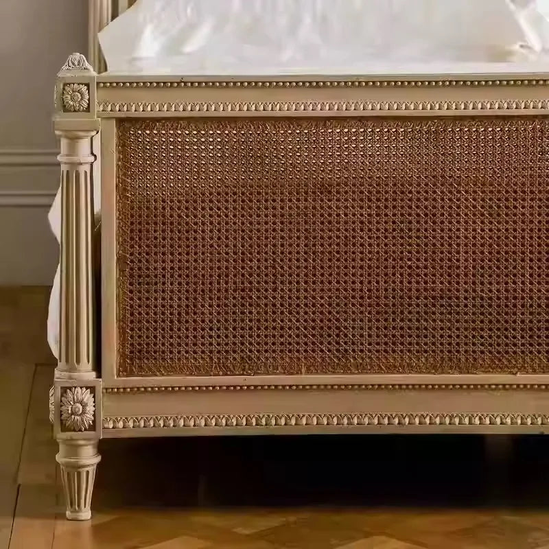 French Rattan Solid Wood Bed – American Vintage Double Bedroom | Q-02053