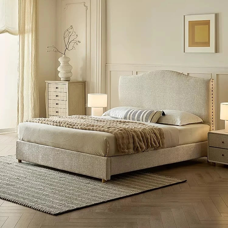 French Provincial Upholstered Bed – Cream Chenille with Willow Border