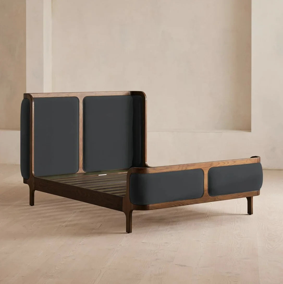 Belsa King Bed – Mid-Century Modern Velvet Upholstered Oak