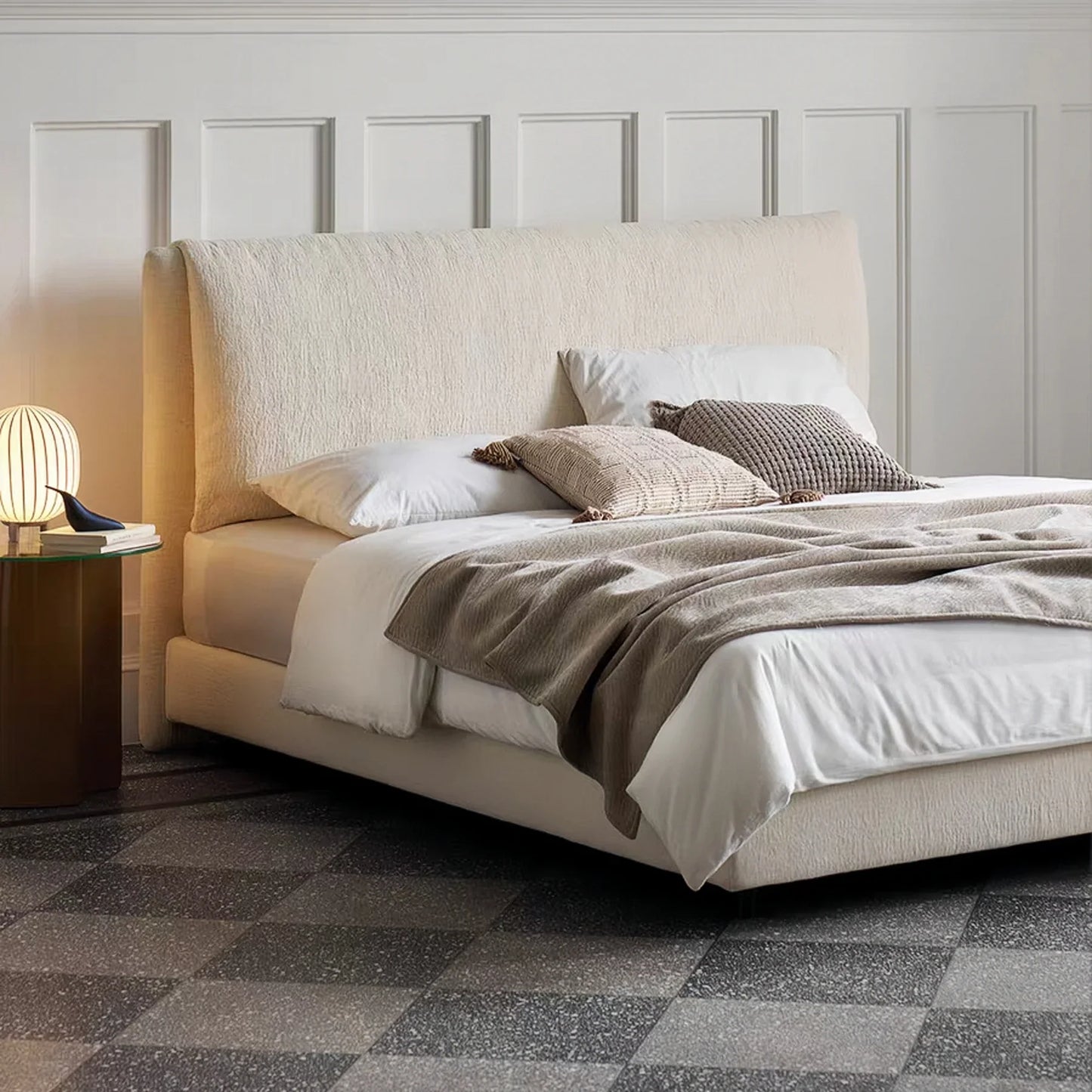 Upholstered Bed – French Retro Cream Linen Mid-Century Modern Design | 5550