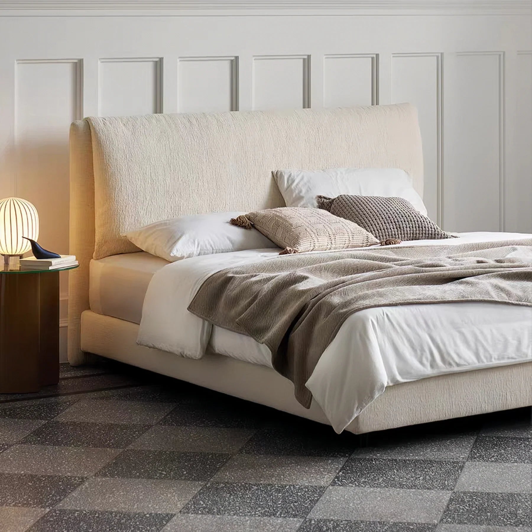 Upholstered Bed – French Retro Cream Linen Mid-Century Modern Design | 5550