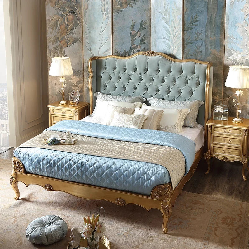 French Provincial Upholstered Bed – Hand-Carved Distressed Gold Solid Wood