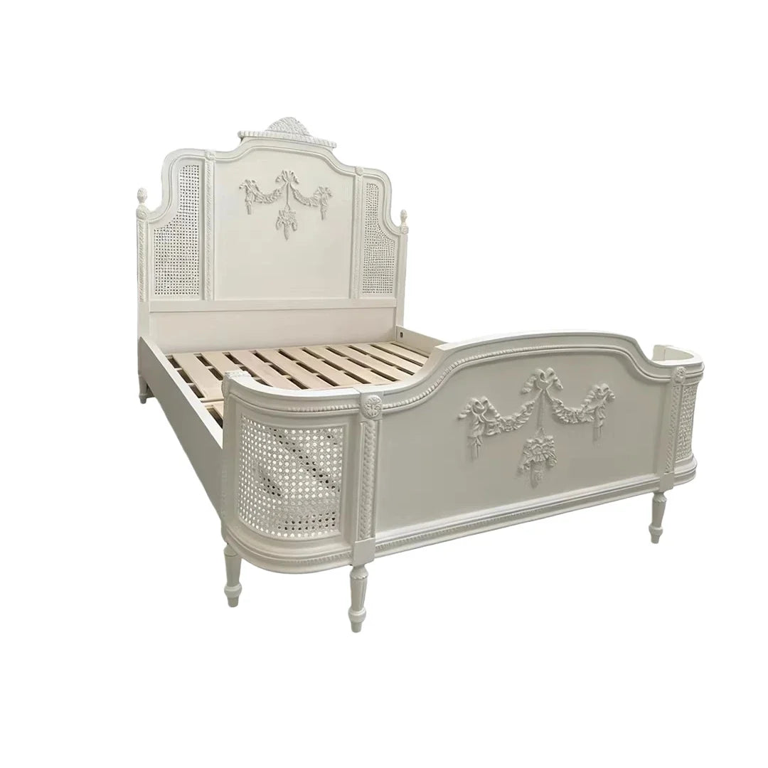French Carved Bed – Rattan Princess Headboard in Cream White Solid Birch