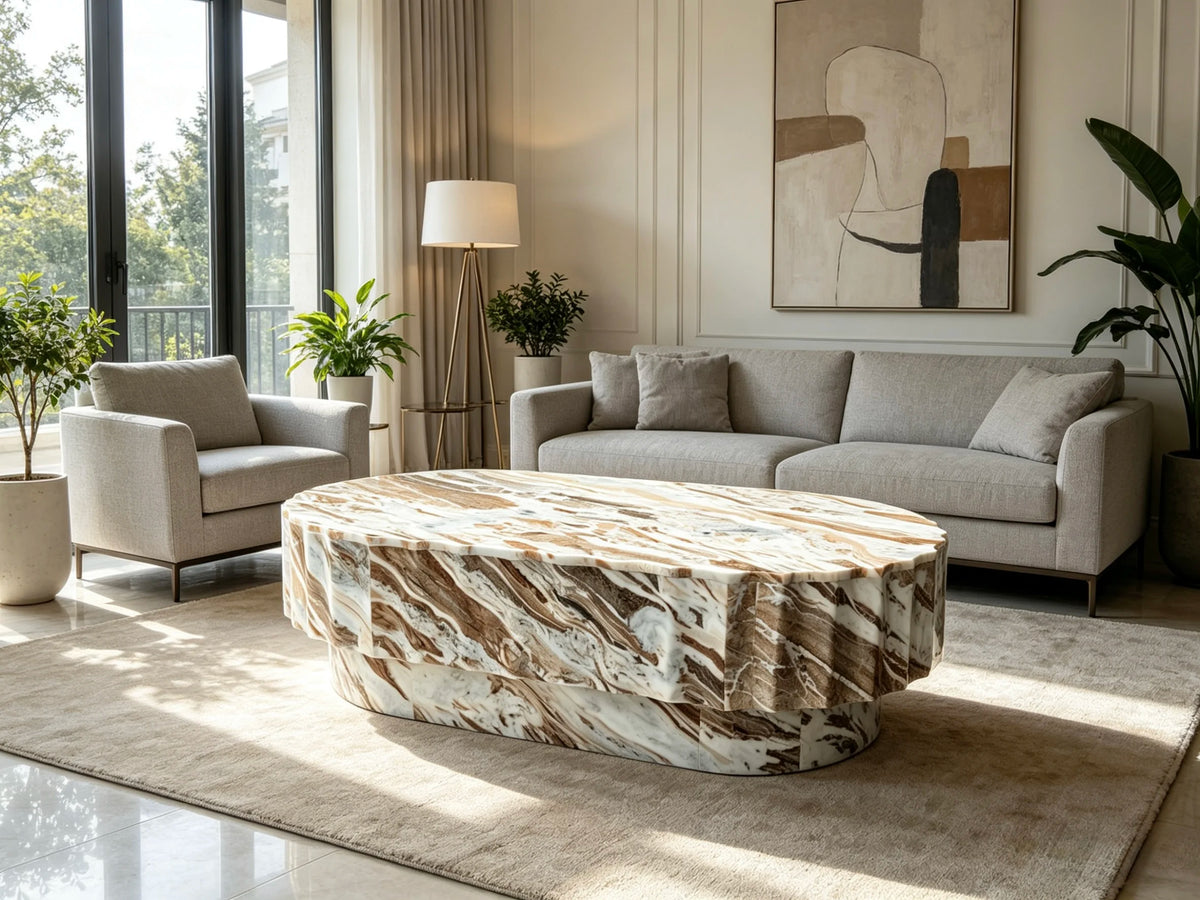 Luxury Fluted Oval Natural Marble Coffee Table Elegant Italian Style for Villa