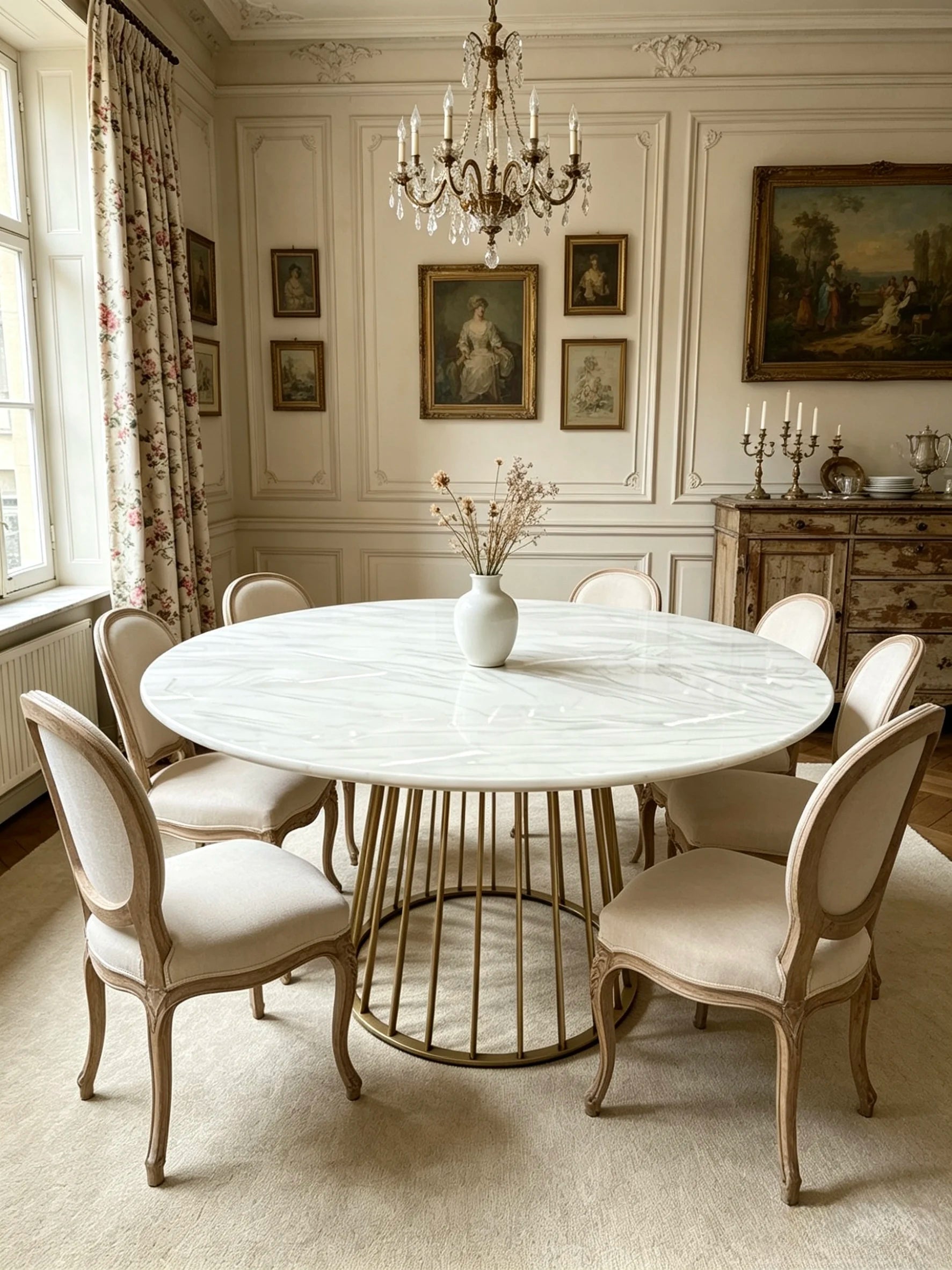 Luxury Round White Marble Dining Table Modern Italian Style for Villa