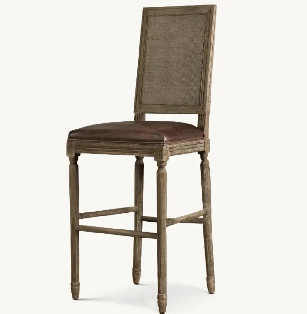 Vintage French Cane Back Bar Stool – Waxed Grey Oak & Leather Statement Piece