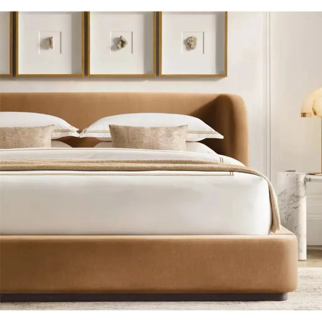 Italian Minimalist Upholstered Bed – Wrap-around Rice White Velvet Statement Piece