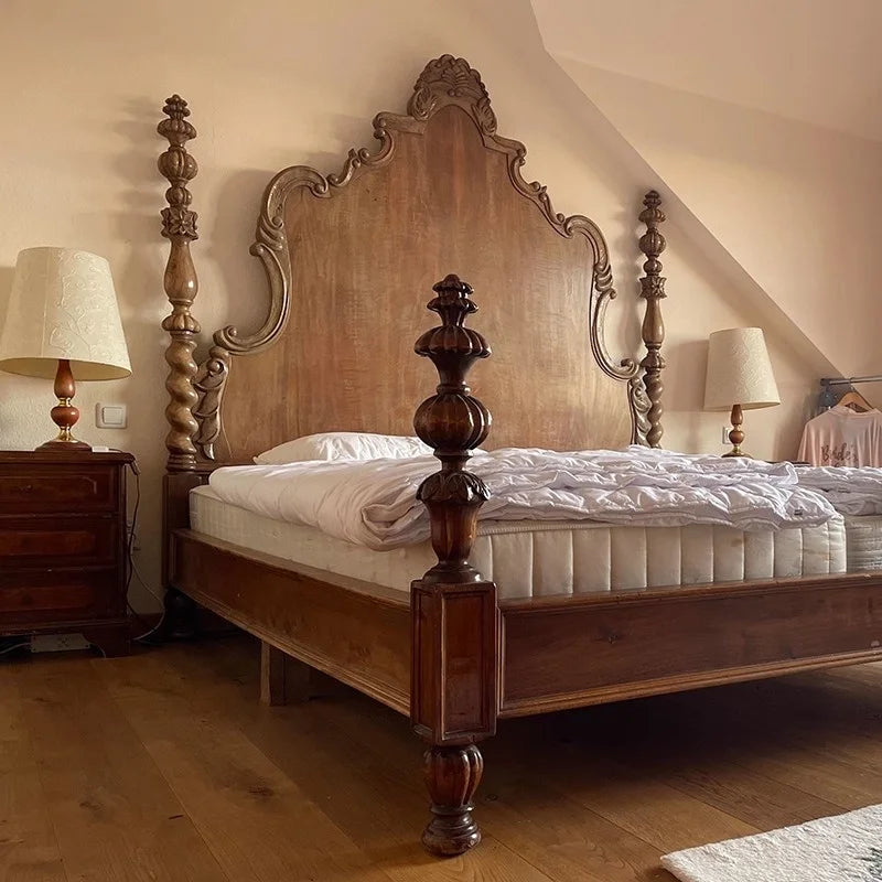 French Country Carved Solid Wood Bed – Renaissance Pillar Design | Q-020530
