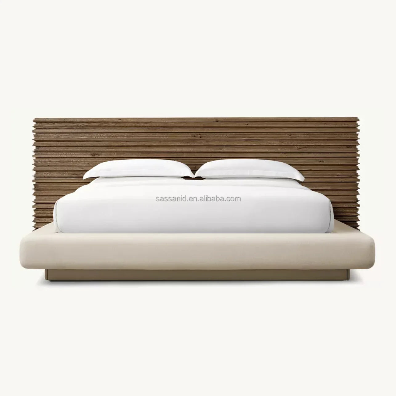 Modern Platform Bed – Extended Panel Headboard in Weathered Oak & Fabric