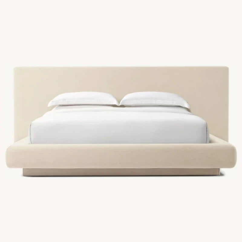 Upholstered Panel Bed with Extended Headboard – Linen Fabric Mulholland Mid-Century Modern Statement Piece