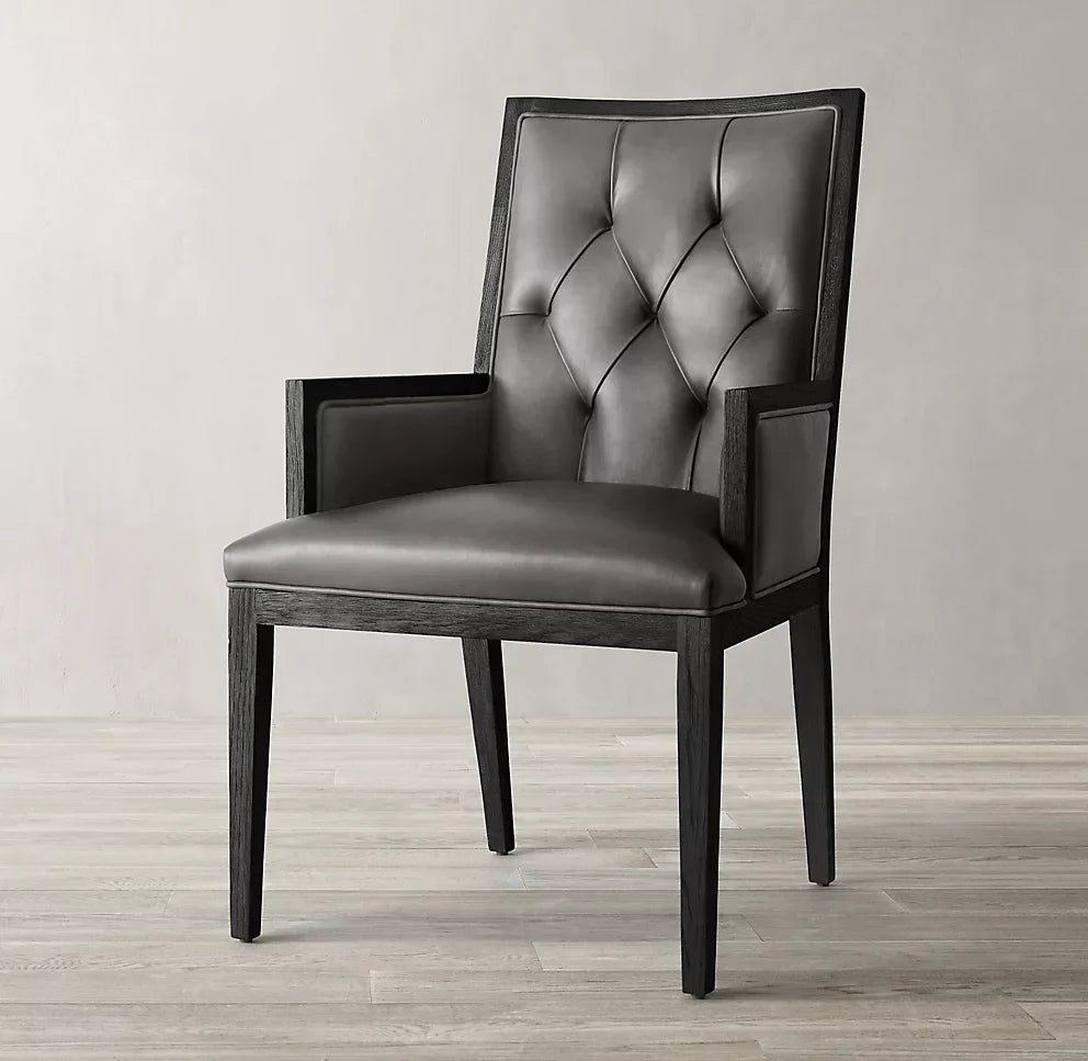 Tufted Leather Dining Chair – Solid Oak Mid-Century Statement Piece | 1600417066464