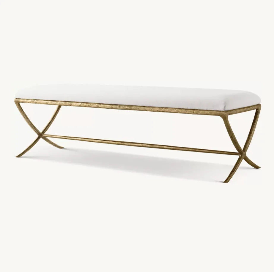 Contemporary Bedroom Bench – Hand-Forged Metal X-Base Fabric Seat – Italian Style