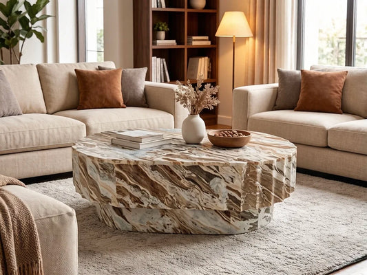 Luxury Fluted Oval Natural Marble Coffee Table Elegant Italian Style for Villa