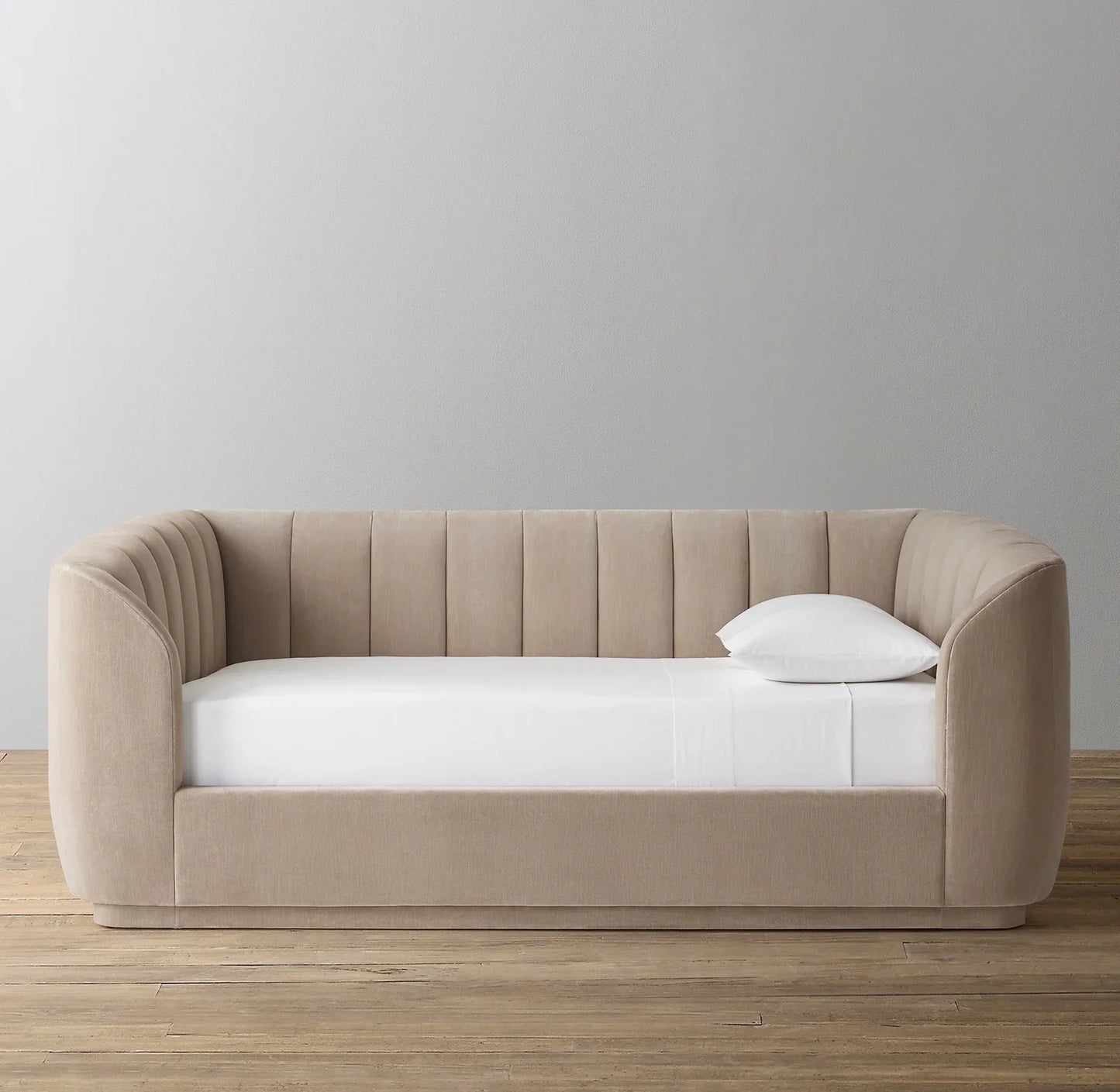 Platform Daybed with Slipcovered Headboard – Velvet Modernist Statement Piece
