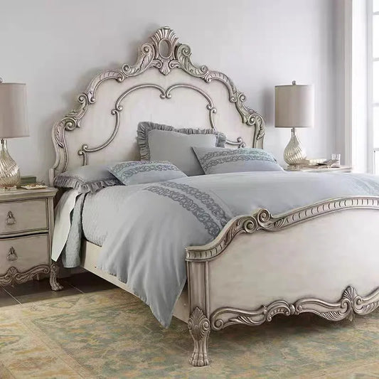 French-Style Carved Bed – Solid Wood Vintage Artisan Statement Piece