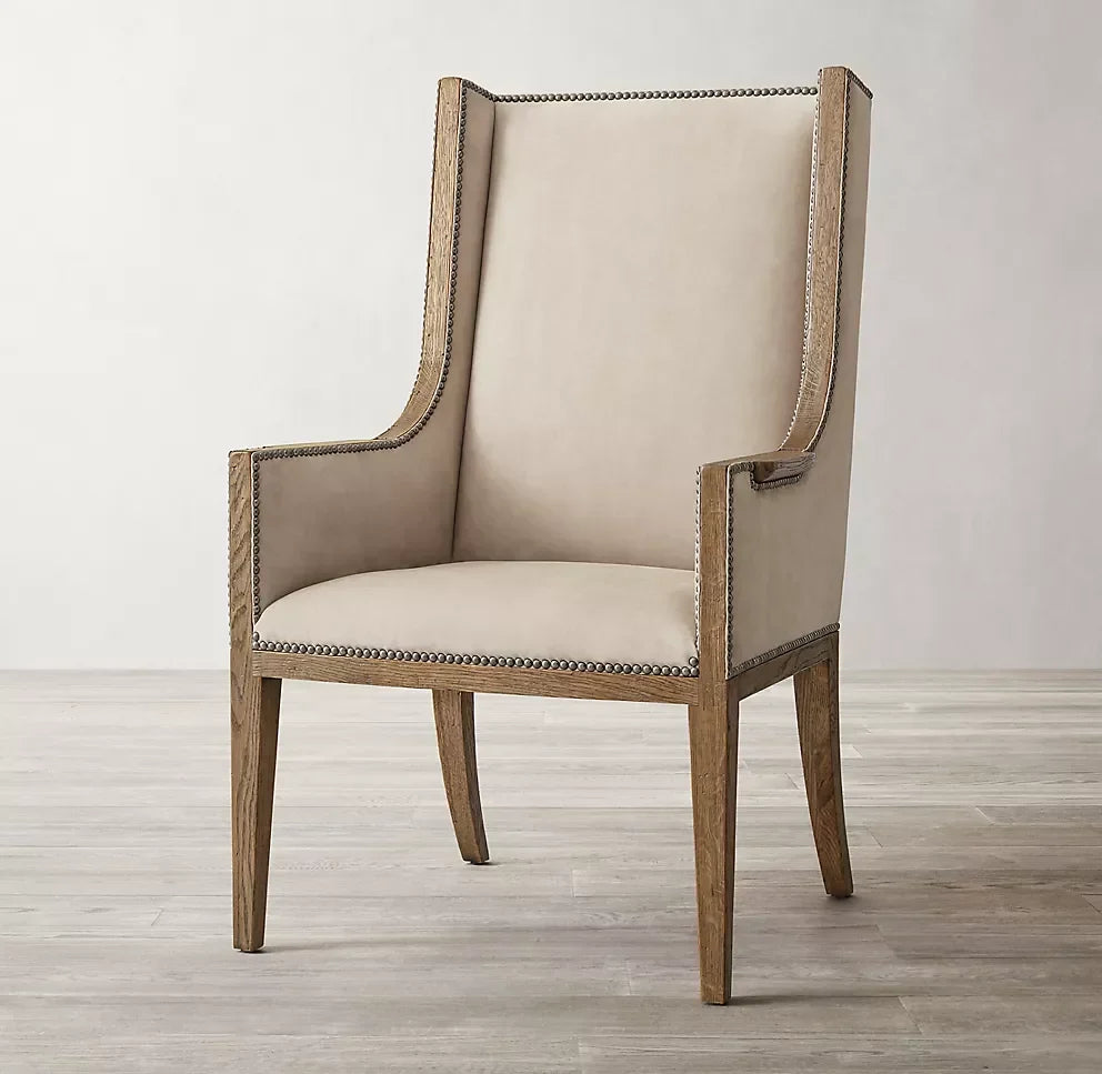 High Back Wing Dining Chair – Mid-century Modernist Solid Oak & Leather | 1600417100225