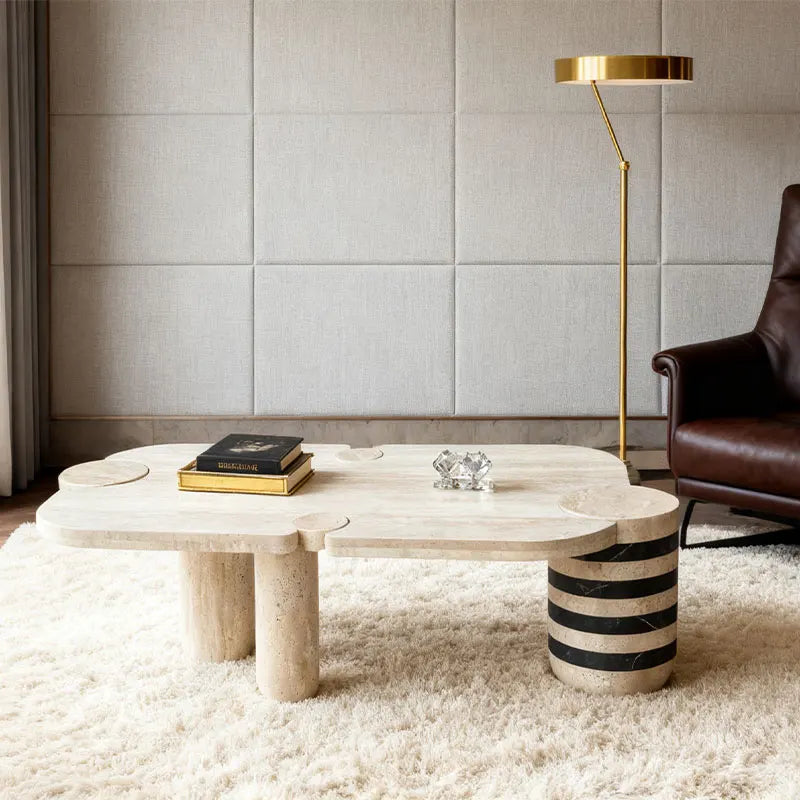 Modern Minimalist Travertine and Marble Coffee Table