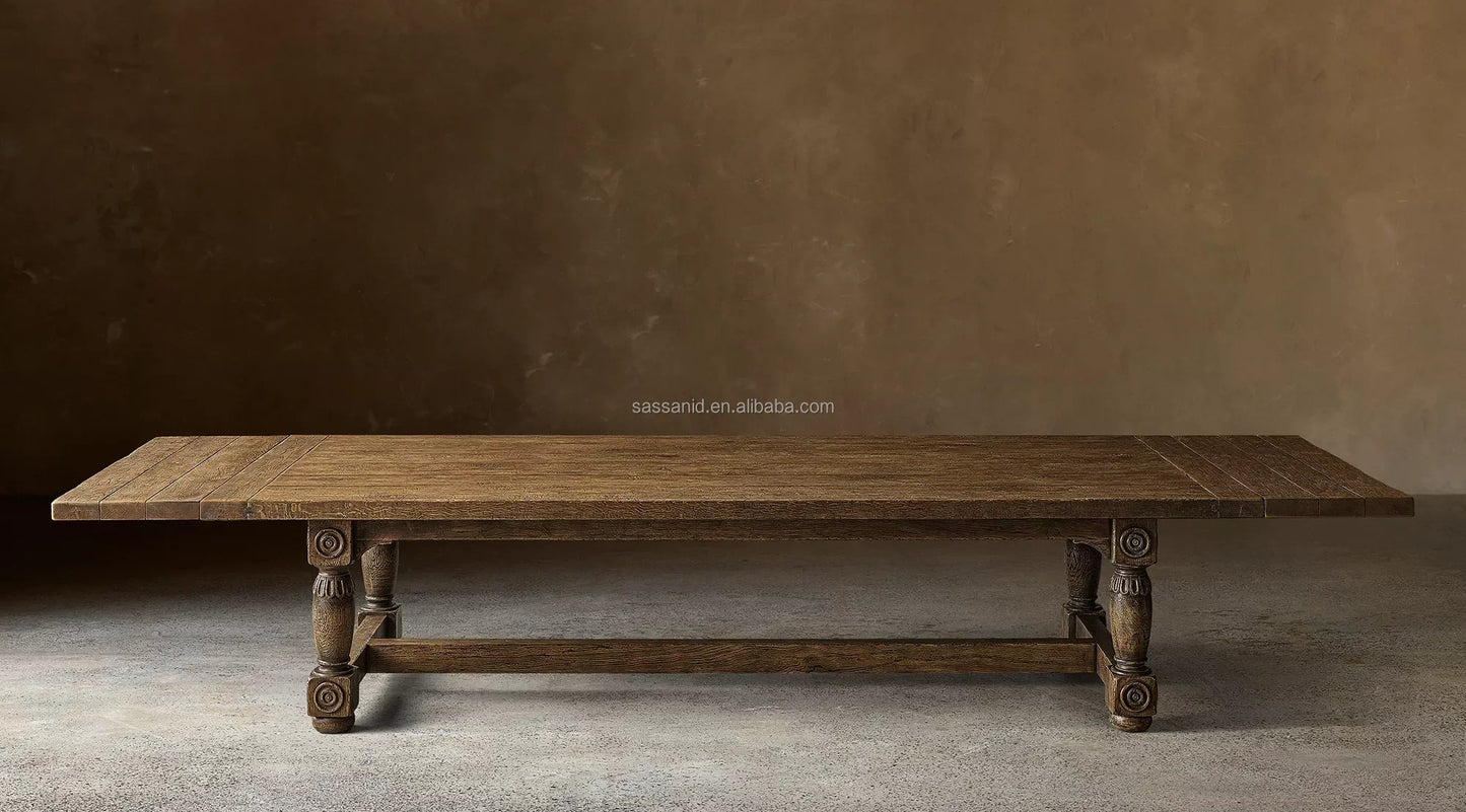 Monastery Extension Dining Table – Aged Oak & Forged Brass